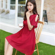夏季新款红色收腰大码短袖雪纺连衣裙